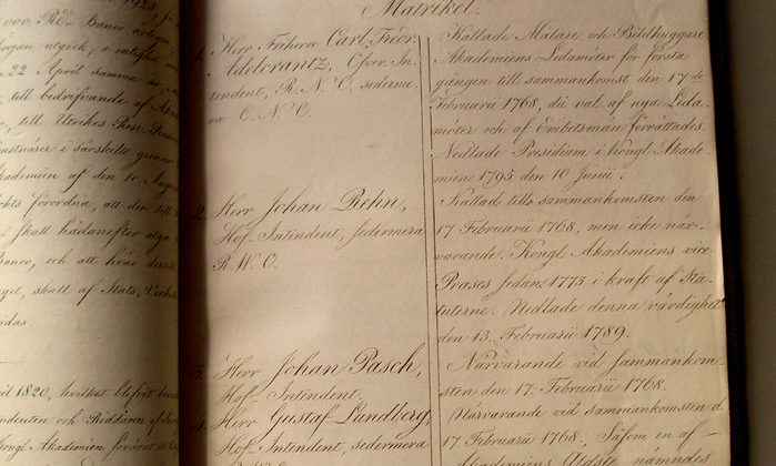 matrikel Konstakademiens ledamotsmatrikel från 1768. @Konstakademien, foto Thomas Wyreson.