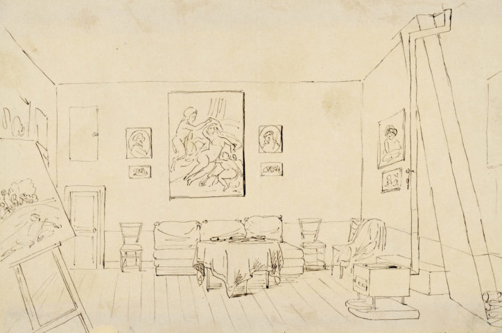 Nils Jakob Blommér. Konstnärens ateljé i Paris, teckning i brev 1849. ©Konstakademien, foto Thomas Wyreson