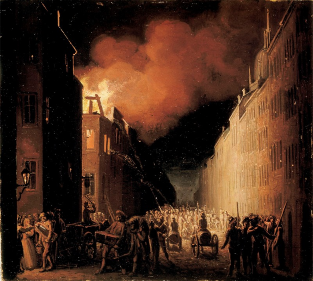 Bränder har i alla tider fascinerat konstnärer. Här har Pehr Hilleström (1733–1816), professor och senare direktör på Konstakademien, fångat en dramatisk brand på Högbergsgatan på Södermalm i Stockholm år 1785. © Stockholms stadsmuseum.